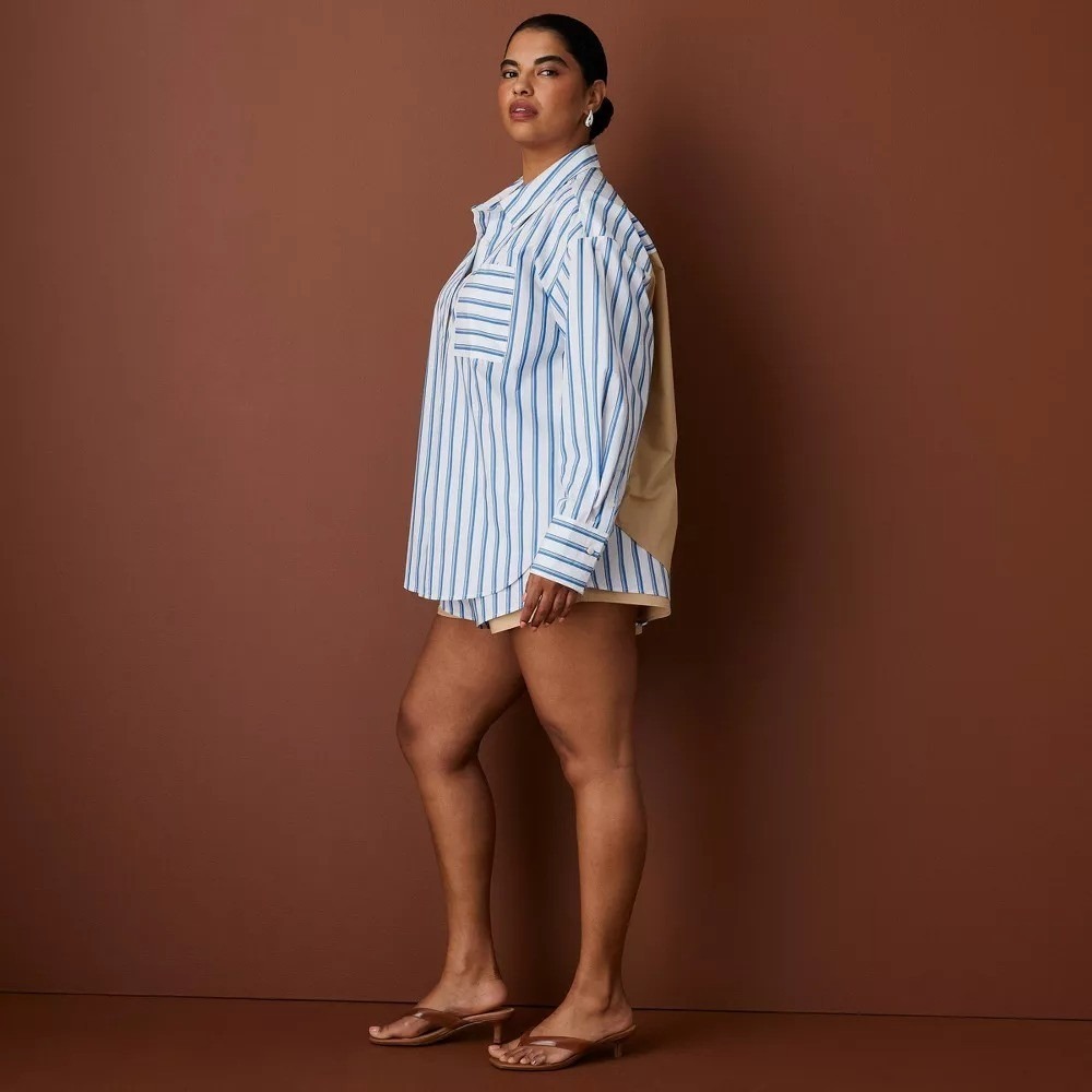 Rosie Assoulin Target L Large LS Oversized Poplin Button-Down Striped Shirt Blue - Picture 4 of 11